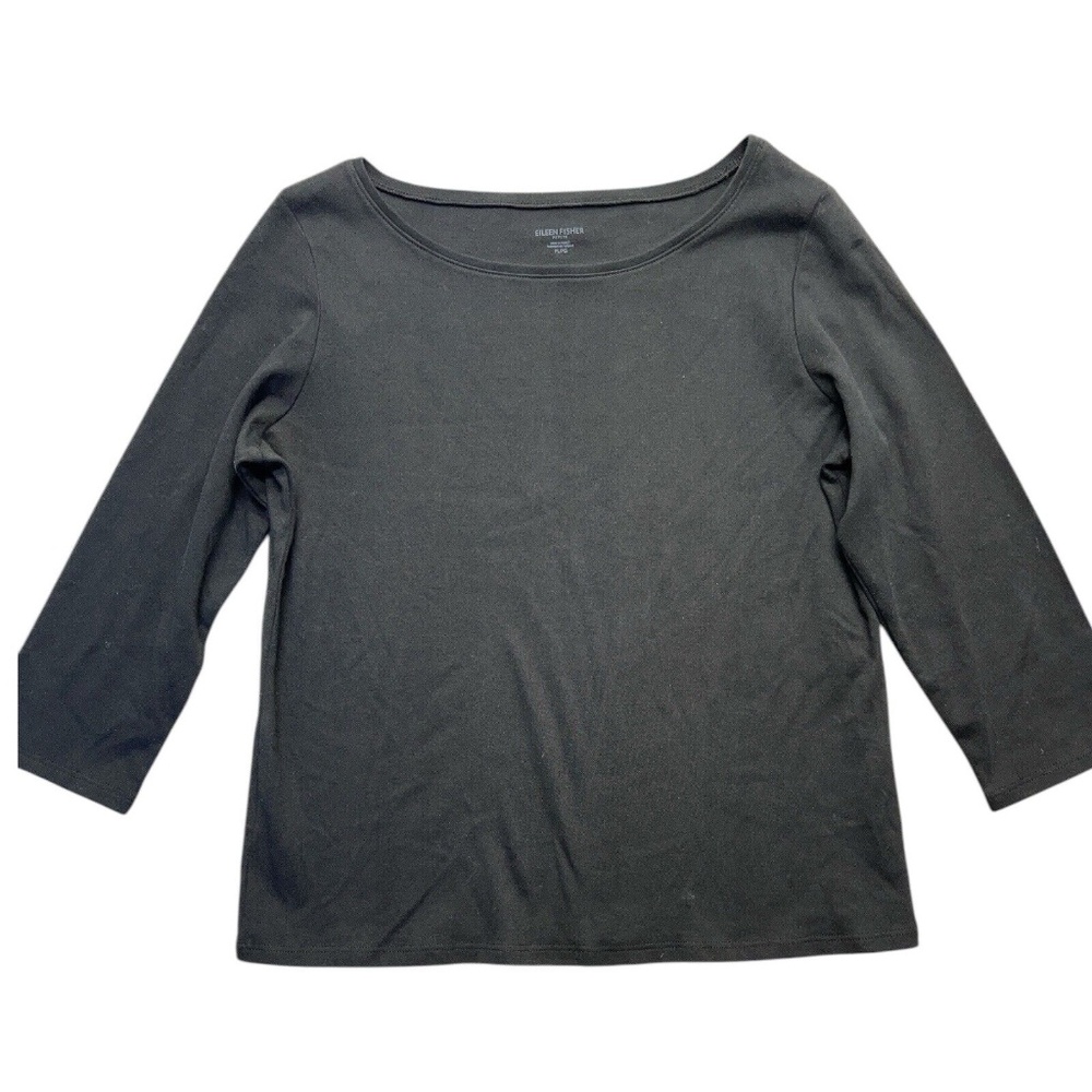 Eileen Fisher Top Women LP Black Boat Neck 3/4 Sleeve Jersey Tee Pull Over Layer